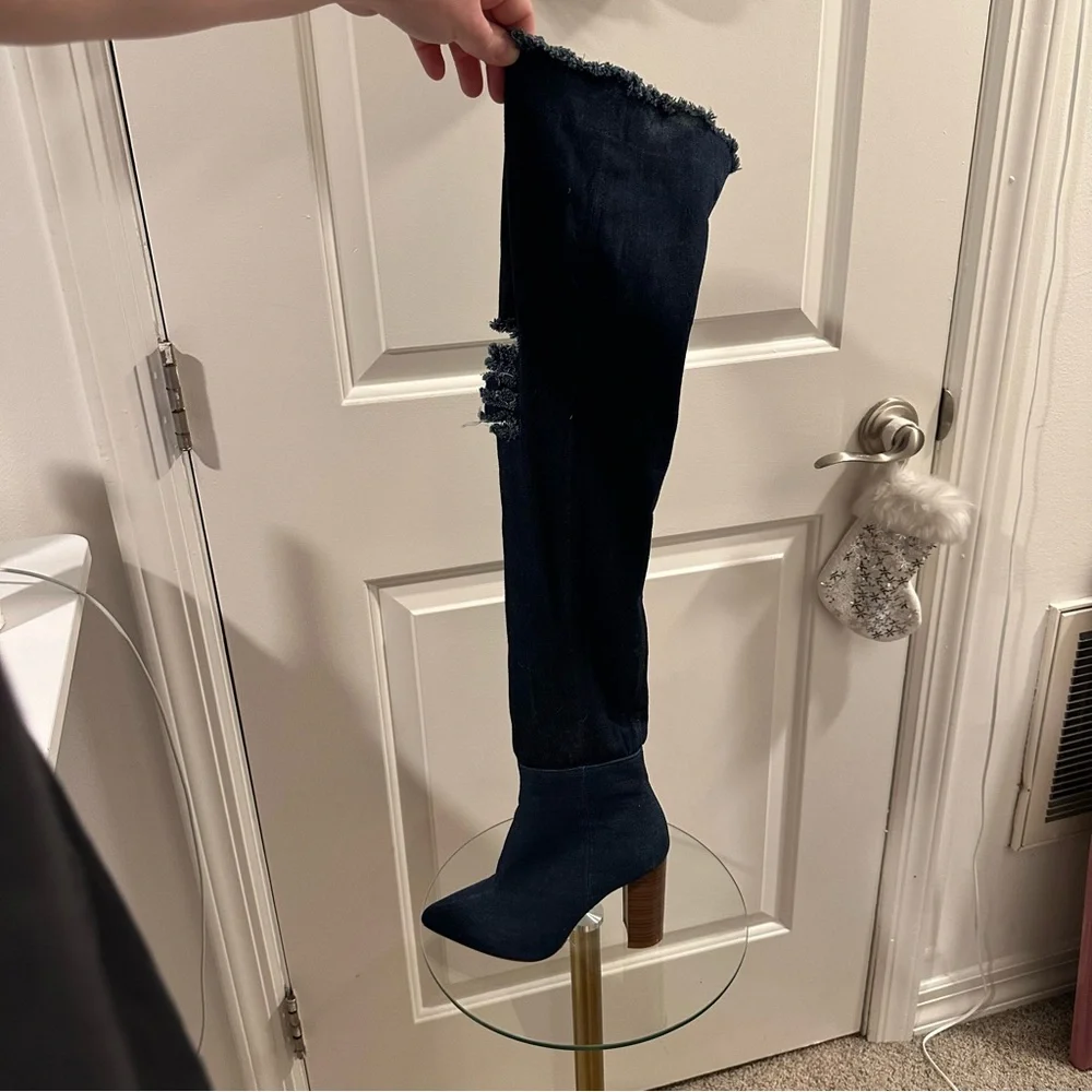 Over The Knee Boots 9 Pointed Toe Distressed Denim Tall Heels Y2K Block Heel